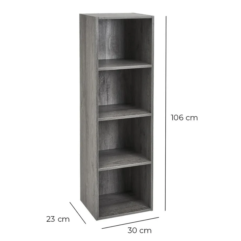 Estantería Cubo con 4 baldas de madera laminada color gris de 106x30x24 cm