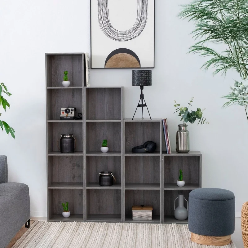 Estantería Cubo con 5 baldas de madera laminada color gris de 132x30x24 cm