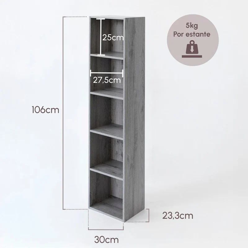 Estantería Cubo con 5 baldas de madera laminada color gris de 132x30x24 cm