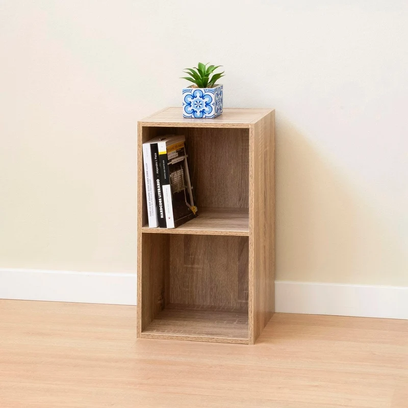Estantería Cubo con 2 baldas de madera laminada color roble de 54x30x24 cm