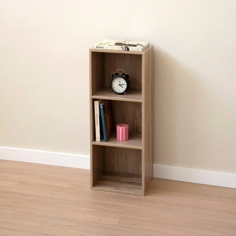 Estantería Cubo con 3 baldas de madera laminada color roble de 80x30x24 cm