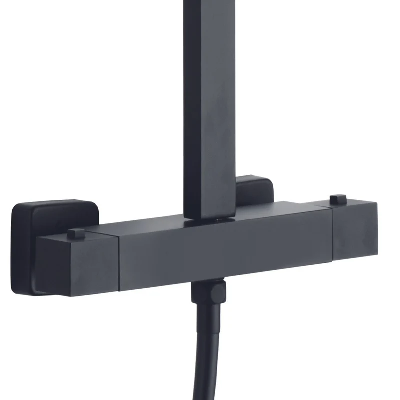 Skara Columna Ducha Termostática Cuadrada | Grifo Alcachofa Manguera y Rociador Lluvia 25x25cm | Negro mate