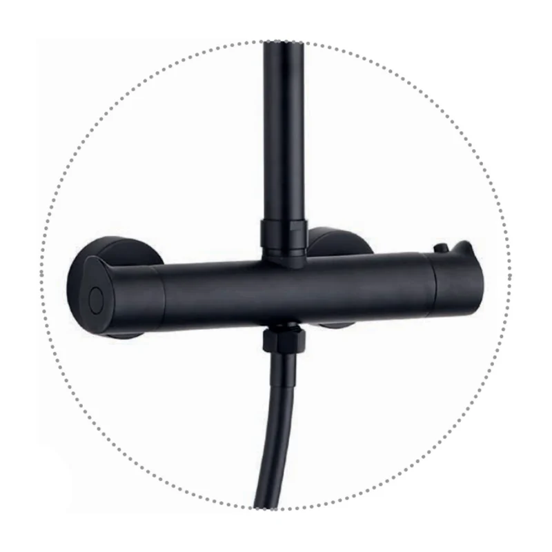 Ergos Columna Ducha Termostática | Extensible con Grifo Alcachofa Manguera y Rociador Lluvia 25x25cm Redonda | Negro