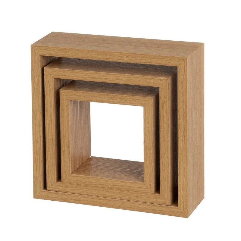 Set de 3 estantes cuadrados de tablero laminado color roble miel, de 15mm