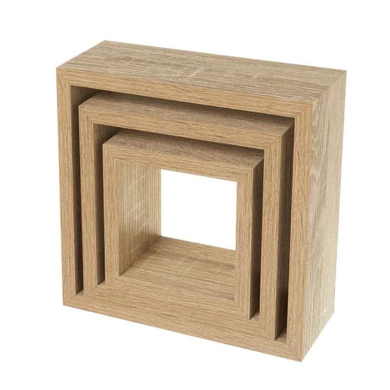 Set de 3 estantes de pared cuadrados roble claro de 25x25, 20x20 y 15x15 cm
