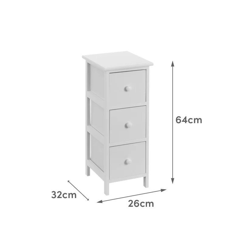 Cajonera de madera de paulonia color blanco con 3 cajones de 26x32x64 cm