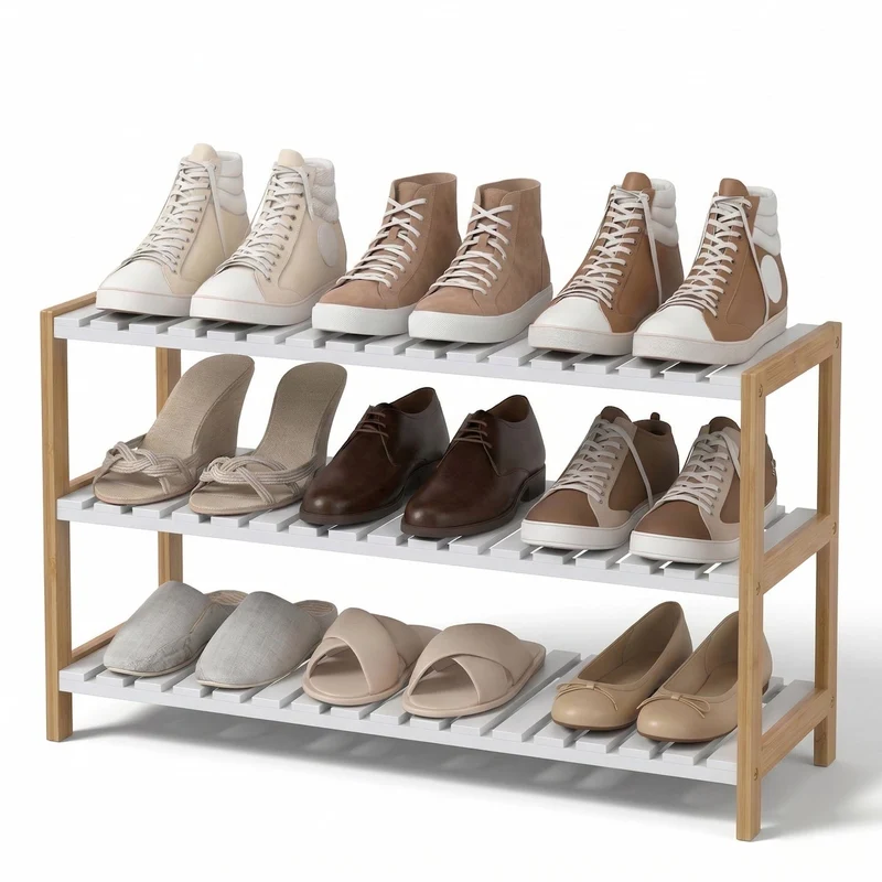 Estantería zapatero de bambú con 3 estantes laminados blancos 70x26x59 cm