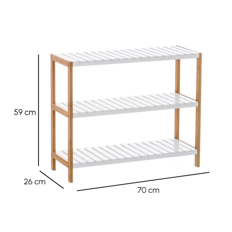 Estantería zapatero de bambú con 3 estantes laminados blancos 70x26x59 cm