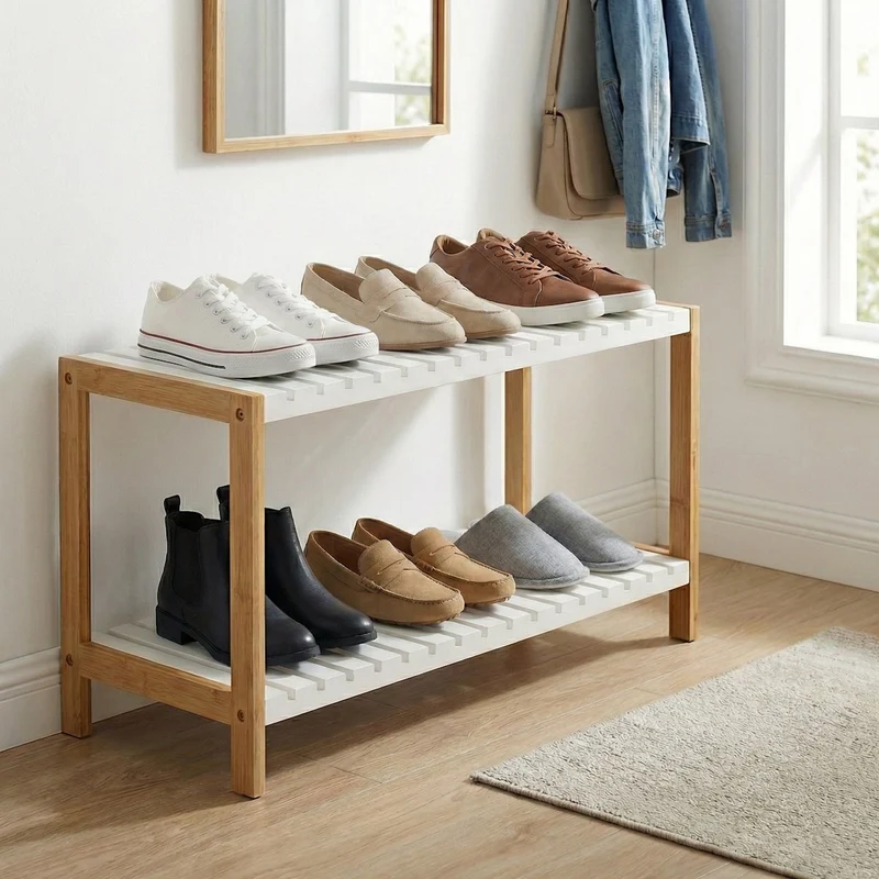 Estantería zapatero de bambú con 2 estantes laminados blancos 70x26x36 cm