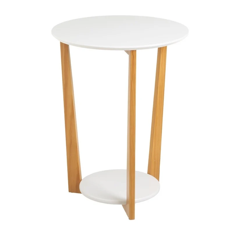 Mesa auxiliar redonda de pino y laminado blanco de 45x45x60 cm