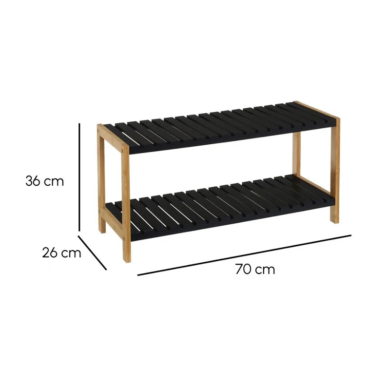 Estantería zapatero de bambú con 2 estantes laminados negros de 70x26x36 cm
