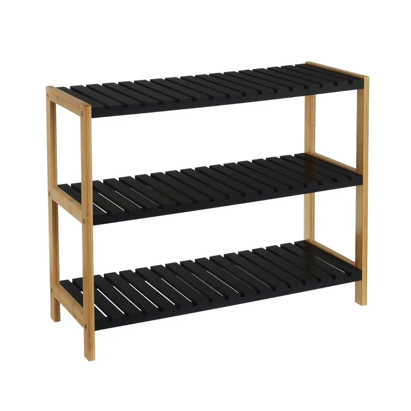 Estantería zapatero de bambú con 3 estantes laminados negros de 70x26x59 cm