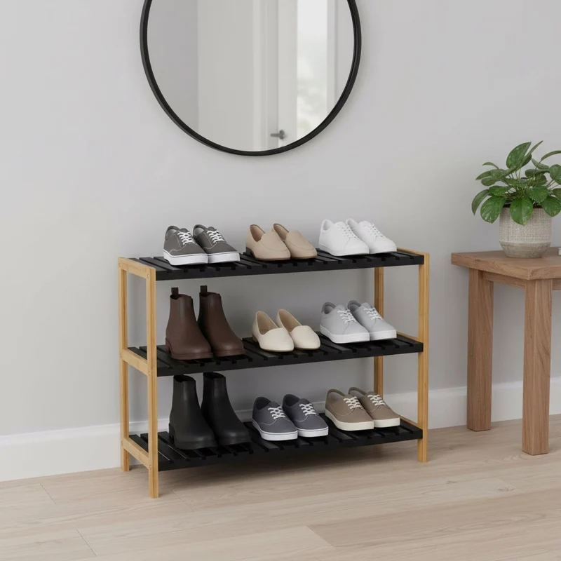 Estantería zapatero de bambú con 3 estantes laminados negros de 70x26x59 cm