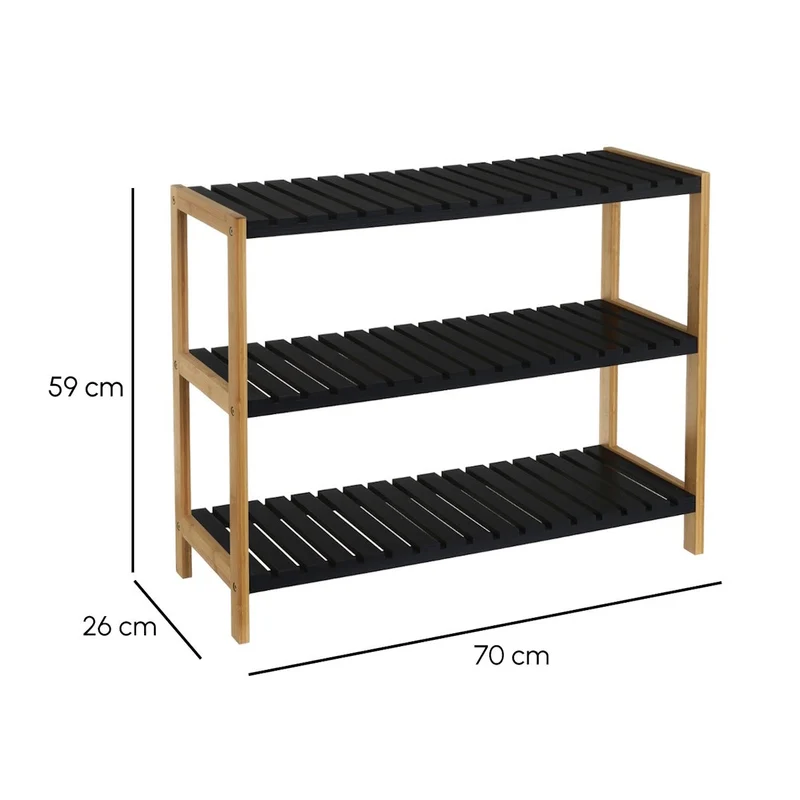 Estantería zapatero de bambú con 3 estantes laminados negros de 70x26x59 cm
