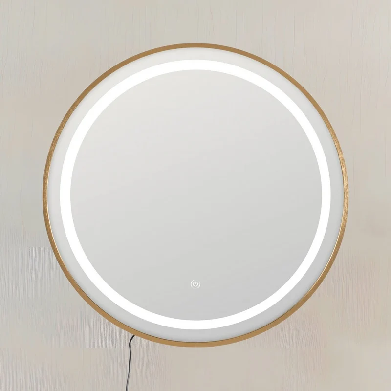 Espejo de pared redondo marco dorado para baño con luz LED de 60 cm