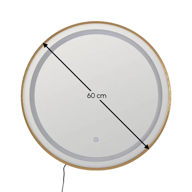 Espejo de pared redondo marco dorado para baño con luz LED de 60 cm