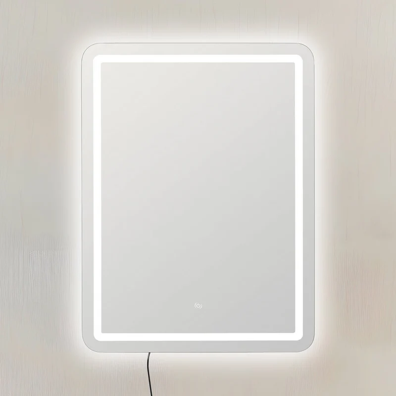 Espejo pared rectangular marco plateado con luz LED blanca de 80x60 cm