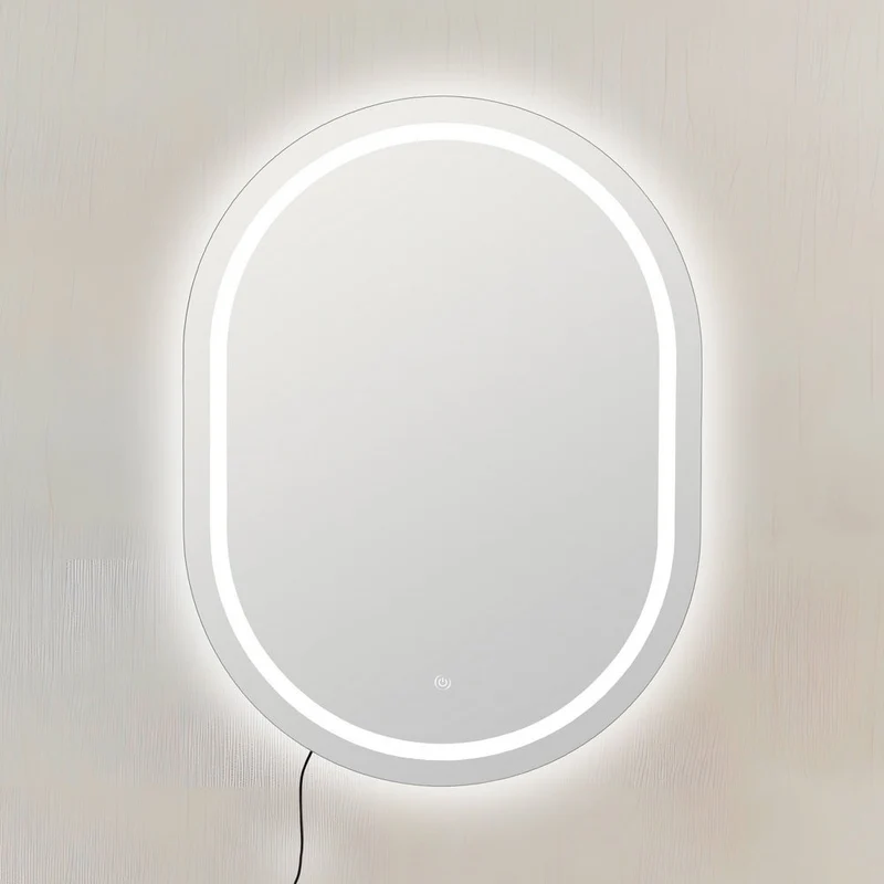 Espejo de pared ovalado marco plateado con luz LED blanca de 80x60 cm