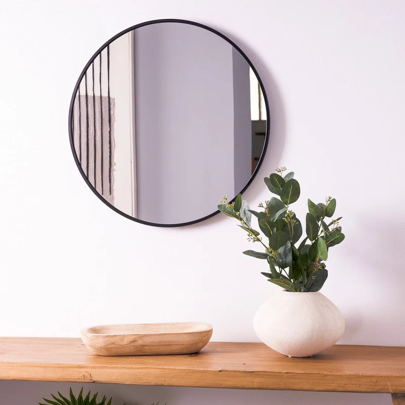 Espejo de pared redondo con marco de aluminio negro de 60 cm