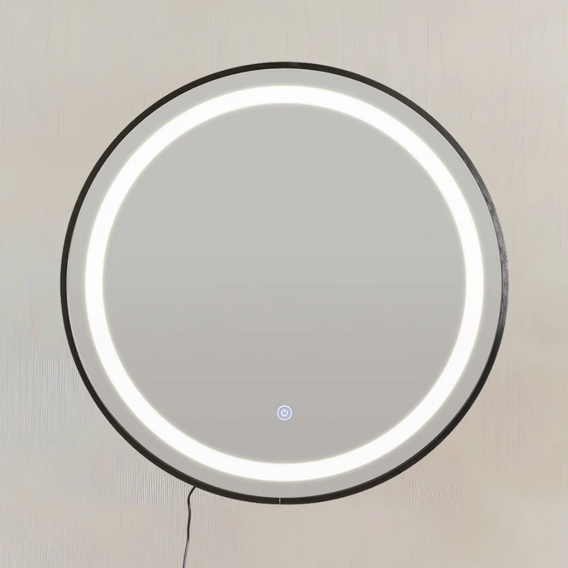 Espejo de pared redondo marco negro con luz LED blanca de 60 cm