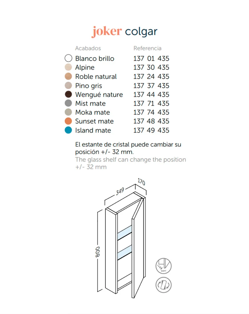 Joker Mueble Auxiliar de Baño Suspendido 1 Puerta con Cierre Amortiguado| Armario Baño Colgante 80x34,9x17cm | Alpine