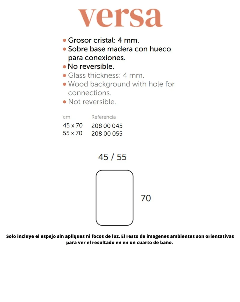 Versa Espejo de Pared Rectangular | Espejo Decorativo Rectangular | Espejo de Baño Rectangular 45-55cm