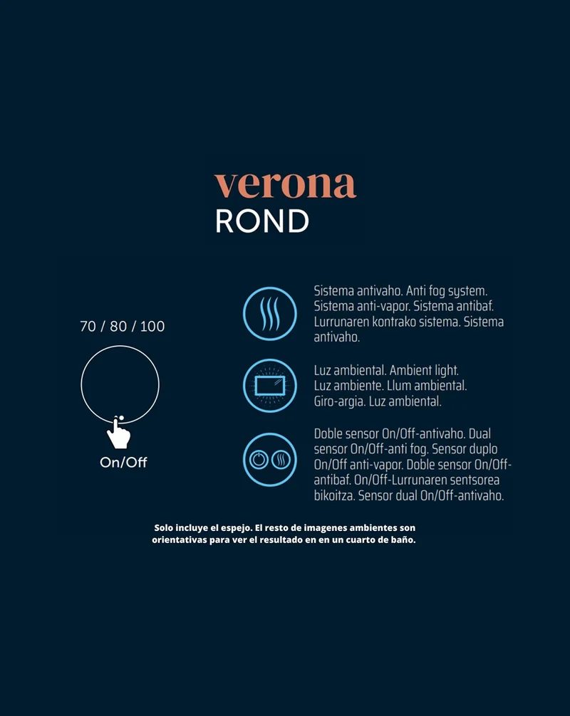 Verona Round Espejo Pared Redondo Baño | Luz Ambiental | Sensor Táctil On/Off | Espejo Led de Baño Redondo