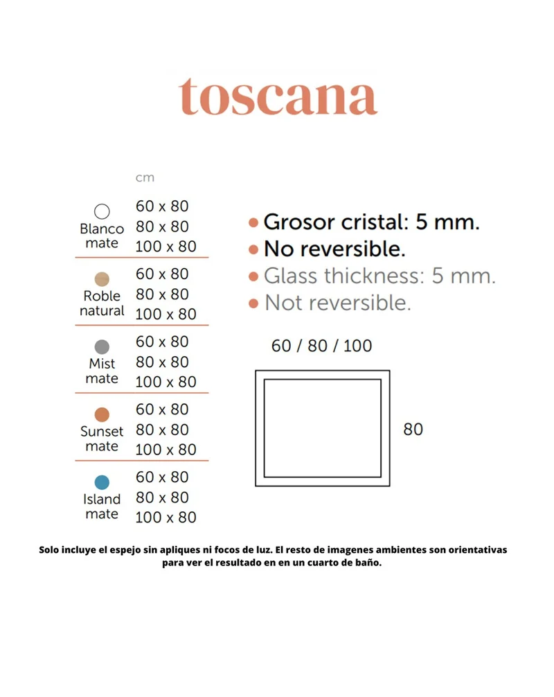 Toscana Espejo de Pared Rectangular sobre Base de Madera | Espejo Decorativo Rectangular| Espejo de Baño Rectangular 60-80-100cm | Island Mate