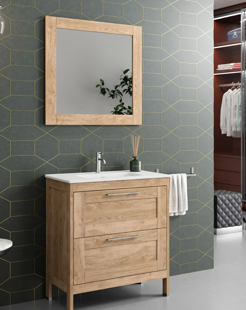 Toscana Espejo de Pared Rectangular sobre Base de Madera | Espejo Decorativo Rectangular| Espejo de Baño Rectangular 60-80-100cm | Roble natural