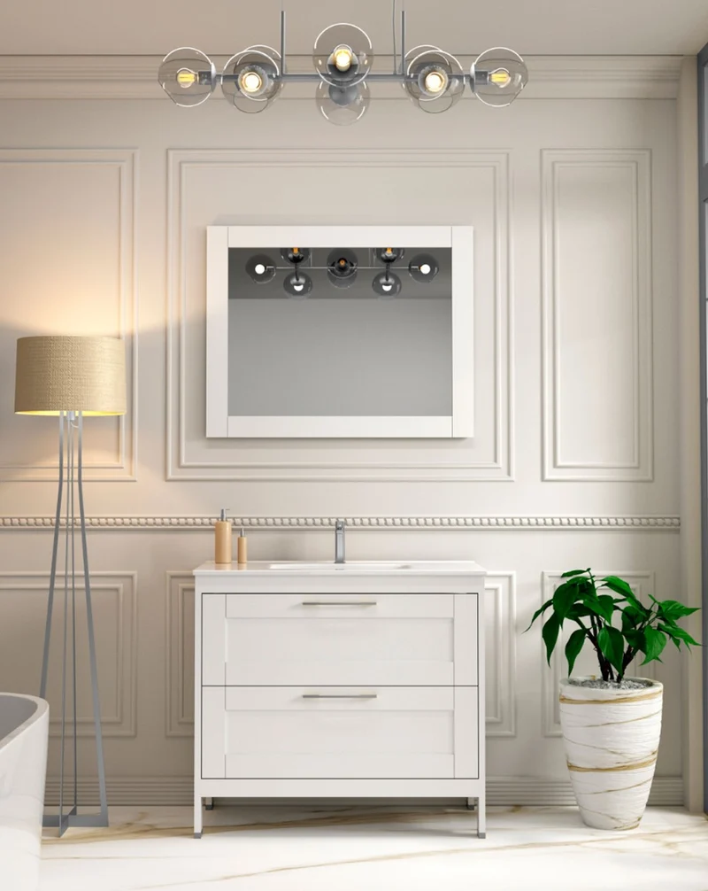 Toscana Espejo de Pared Rectangular sobre Base de Madera | Espejo Decorativo Rectangular| Espejo de Baño Rectangular 60-80-100cm | Blanco mate