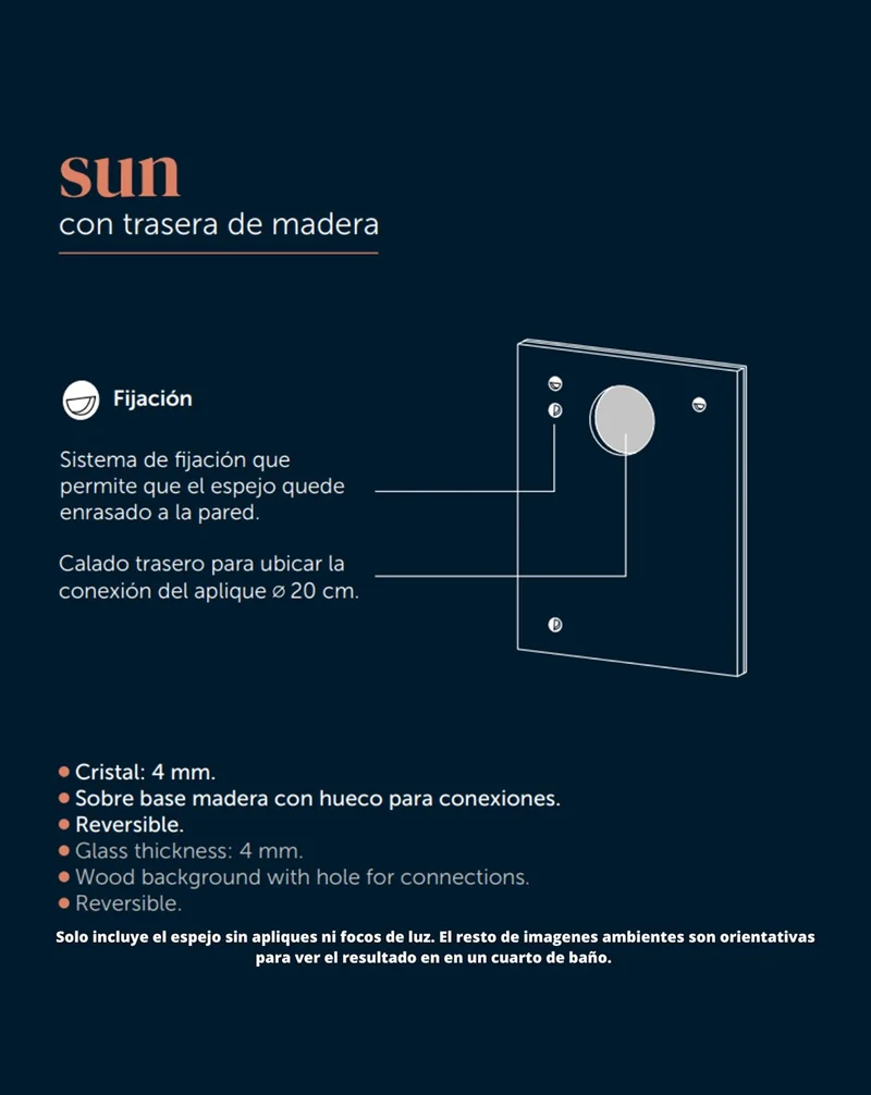 Sun Espejo de Pared Rectangular | Espejo Decorativo Rectangular | Espejo de Baño Rectangular 50-60-70-80-90-100-120cm