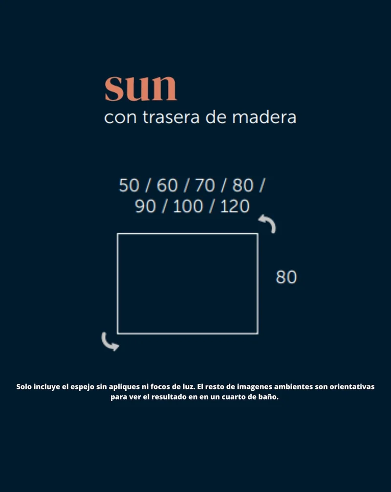 Sun Espejo de Pared Rectangular | Espejo Decorativo Rectangular | Espejo de Baño Rectangular 50-60-70-80-90-100-120cm