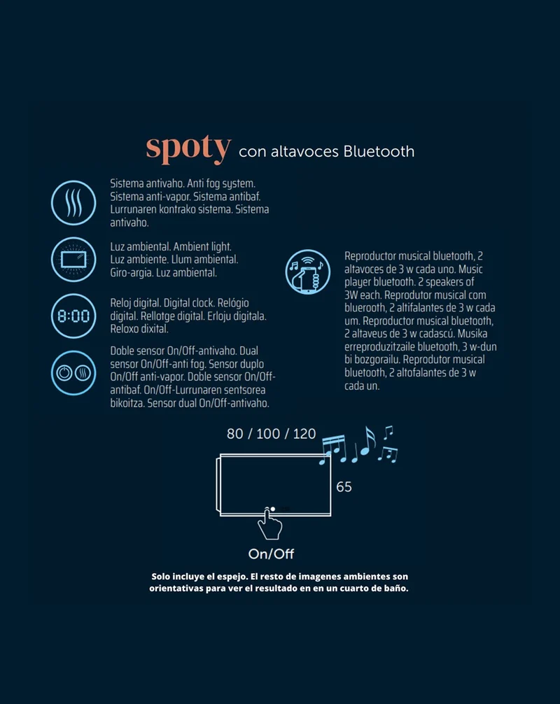 Spoty Espejo Pared Baño | Sensor Táctil On/Off | Espejo Led de Baño | Reproductor musical bluetooth