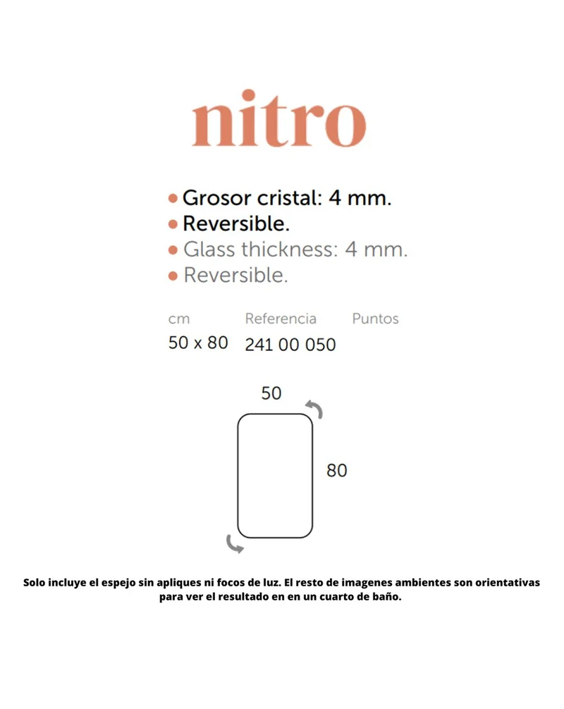 Nitro Espejo de Pared Rectangular | Luz Ambiental | Sensor Táctil On/Off | Espejo de Baño Rectangular 50x80cm