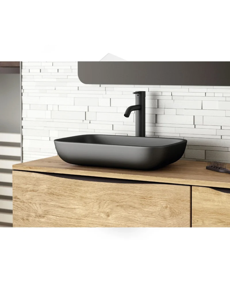 Masai Lavabo sobre Encimera Baño Resina Mineral Recubierta de Poliuretano Acrílico | Lavabo Baño para Encimera de 51x33cm | Moka