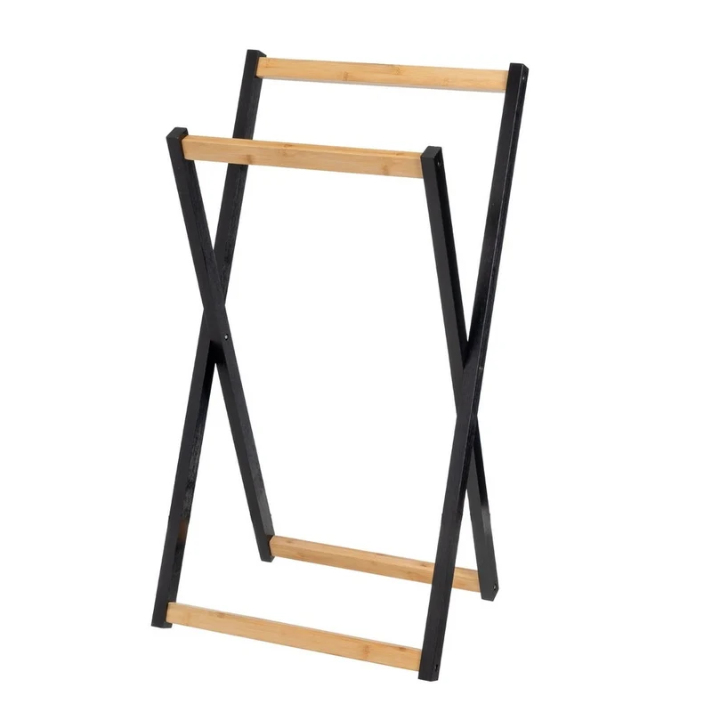Toallero plegable en madera de bambú con 3 brazos, base amplia de 40x31cm