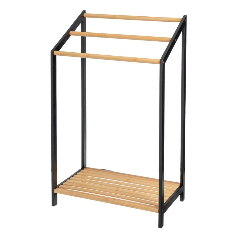 Toallero de pie con 3 brazos de madera bambú en natural y negro, de 51x31