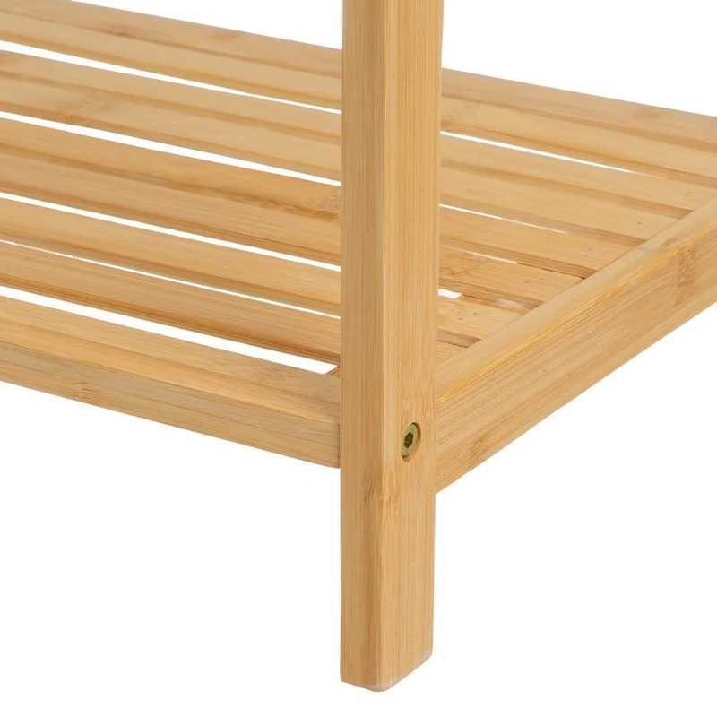 Toallero de pie con 3 brazos de madera de bambú natural y estante 51x31cm