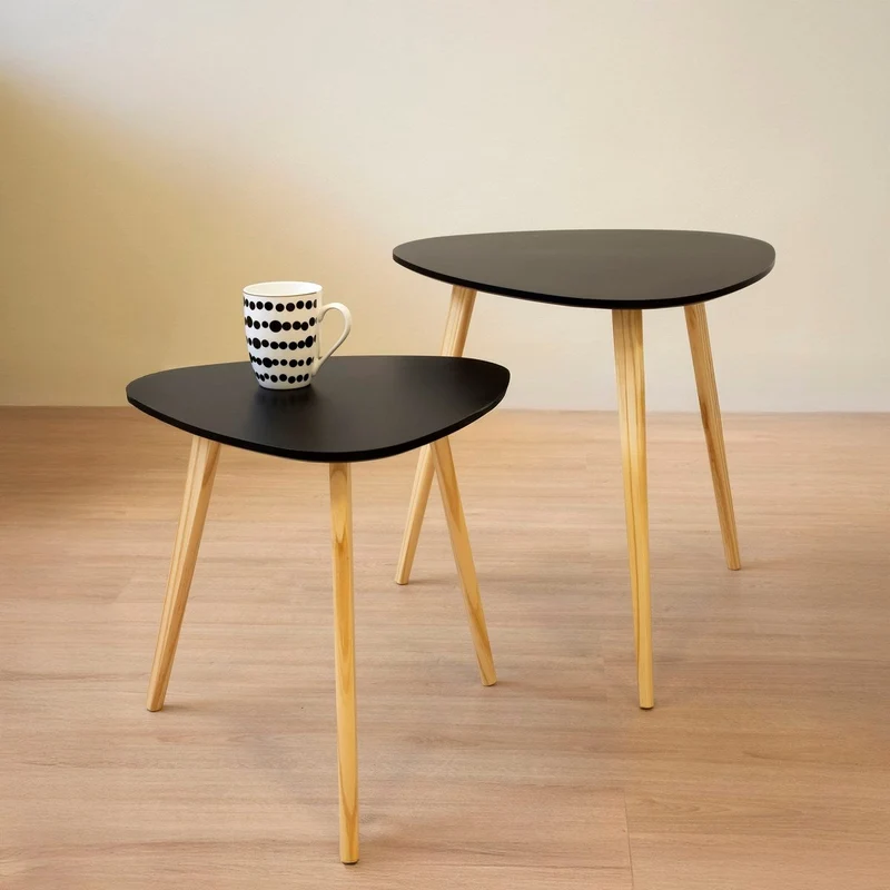 Set de 2 mesas nido auxiliares de madera y laminado, color negro
