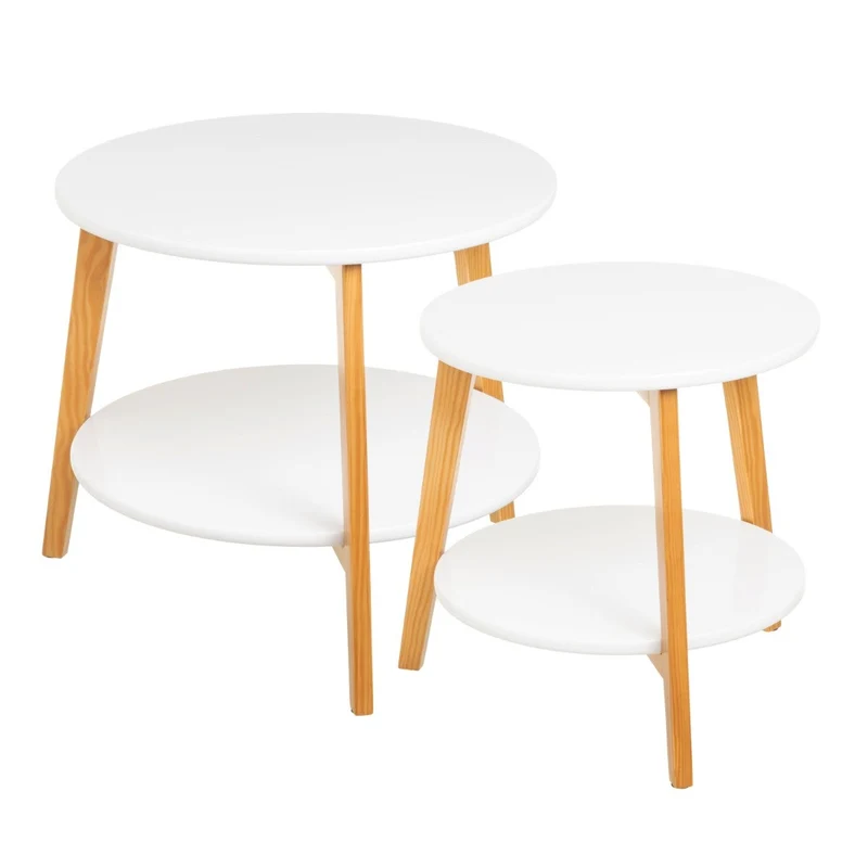 Set de 2 mesas auxiliares blancas con patas de madera de pino para salón