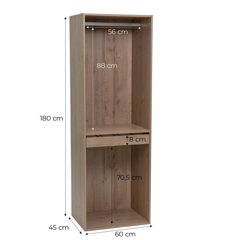 Armario modular de tablero natural con barra y pantalonero de 60x45x180 cm