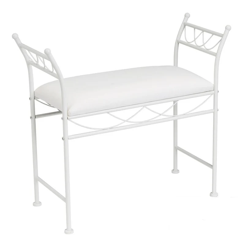 Banqueta para pie de cama de metal blanco y asiento de algodón blanco