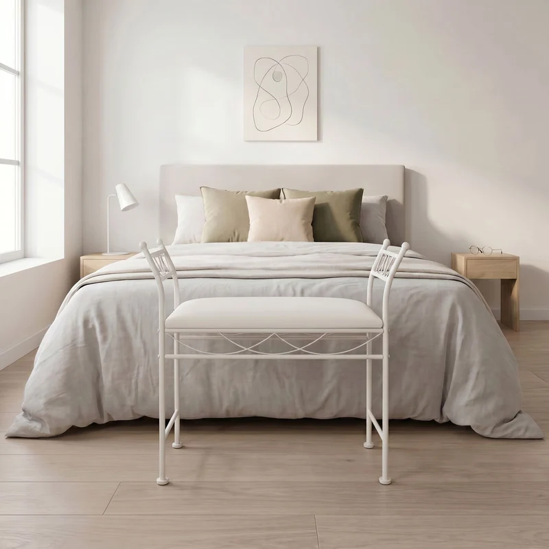 Banqueta para pie de cama de metal blanco y asiento de algodón blanco