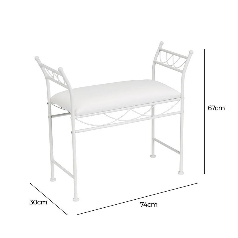 Banqueta para pie de cama de metal blanco y asiento de algodón blanco