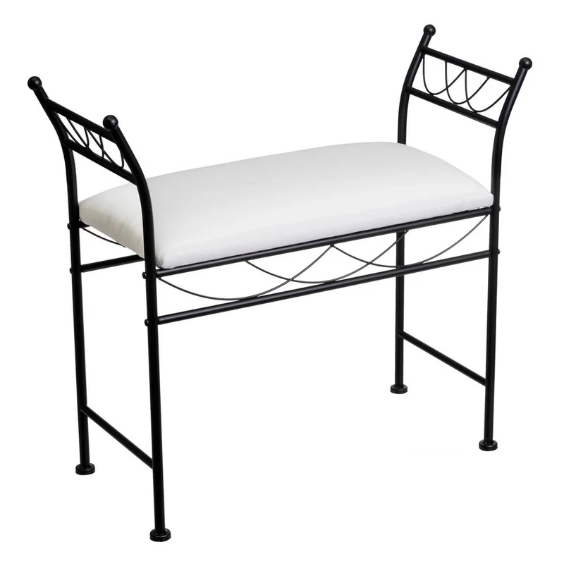Banqueta para pie de cama de metal negro y asiento de algodón blanco