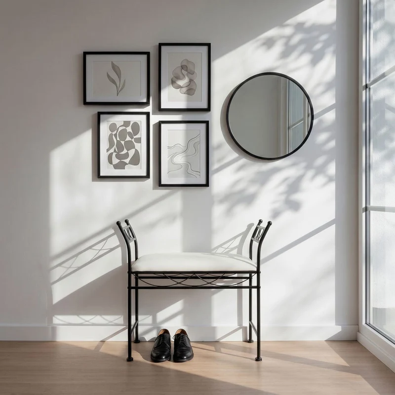 Banqueta para pie de cama de metal negro y asiento de algodón blanco