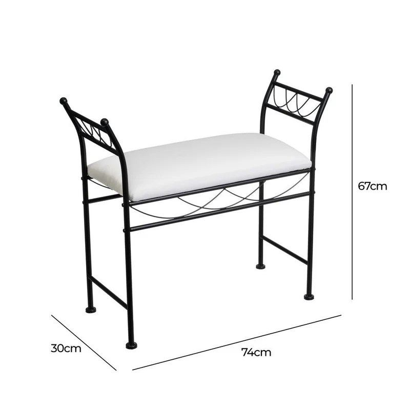 Banqueta para pie de cama de metal negro y asiento de algodón blanco