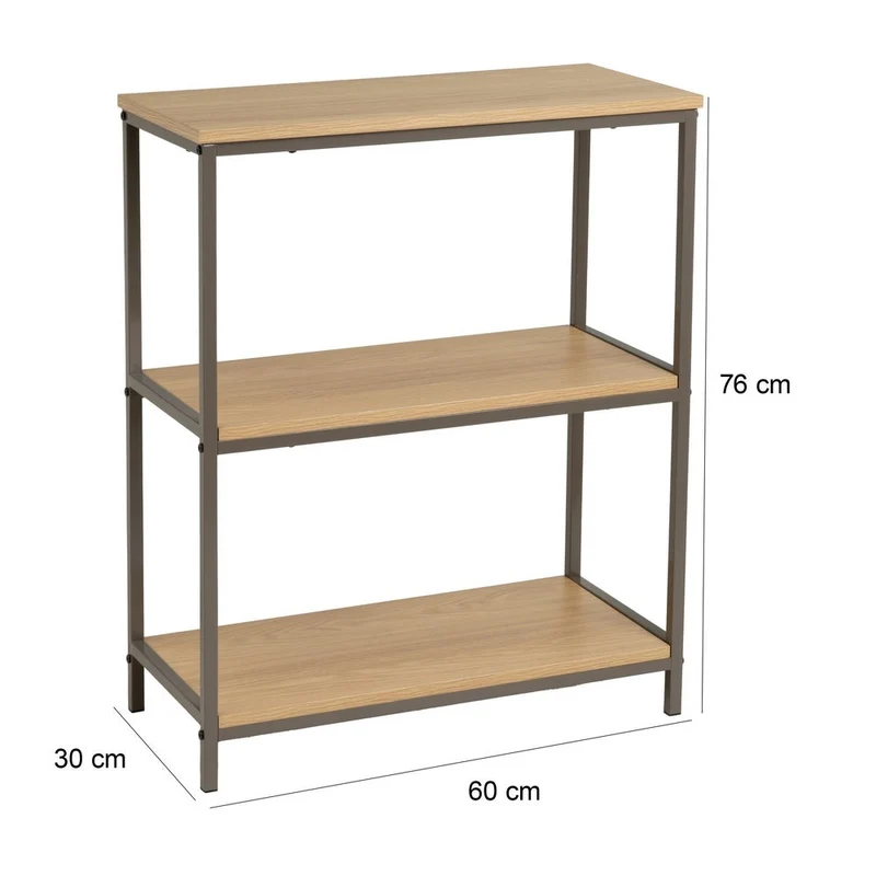 Estantería de madera natural y metal color gris, 3 baldas de 60x30x76 cm