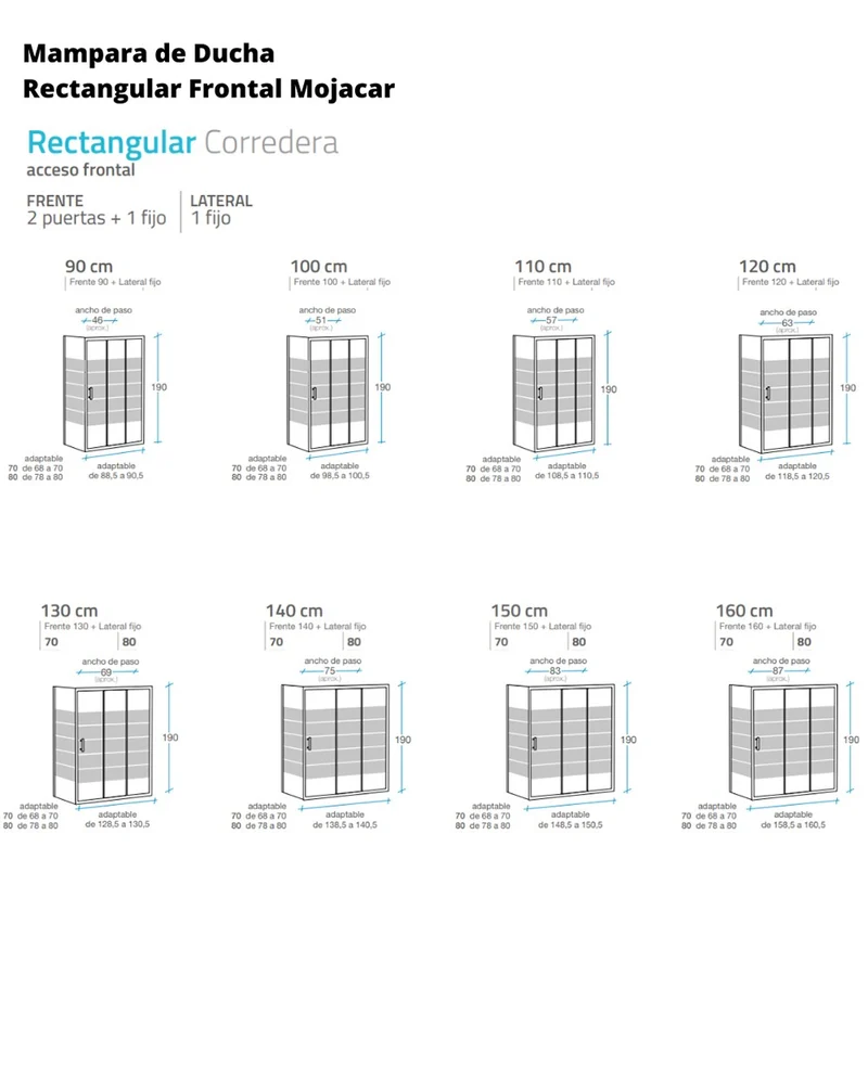 Mojacar Mampara de Ducha Rectangular Frontal Corredera | 2 Puertas 2 Fijos | Vidrio 5mm Altura 190cm