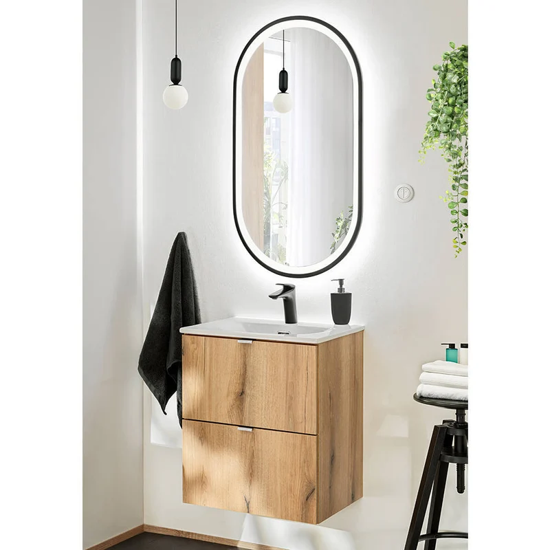 Lavabo Skelbolu 50x57x39 cm Espejo LED Aspecto roble [en.casa]